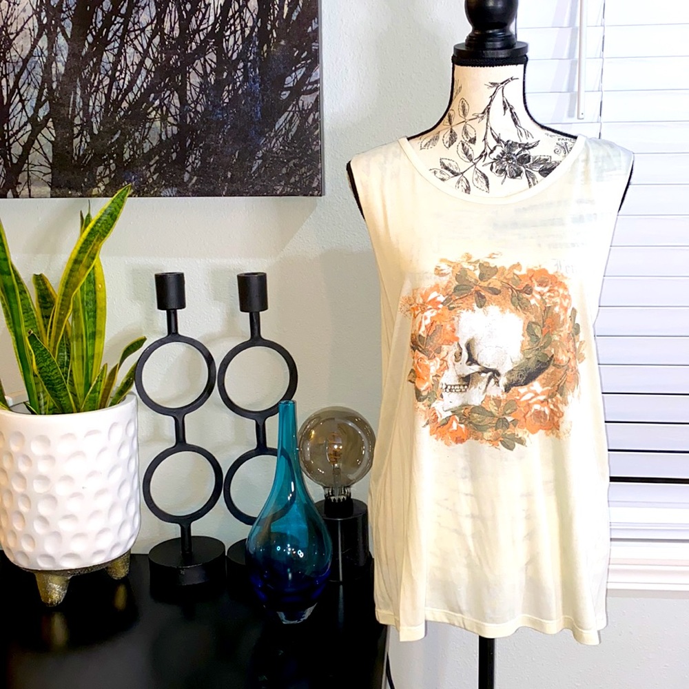 TENNESSEE WYATT PARKER Cream Floral Skull Tank Top Large NWT